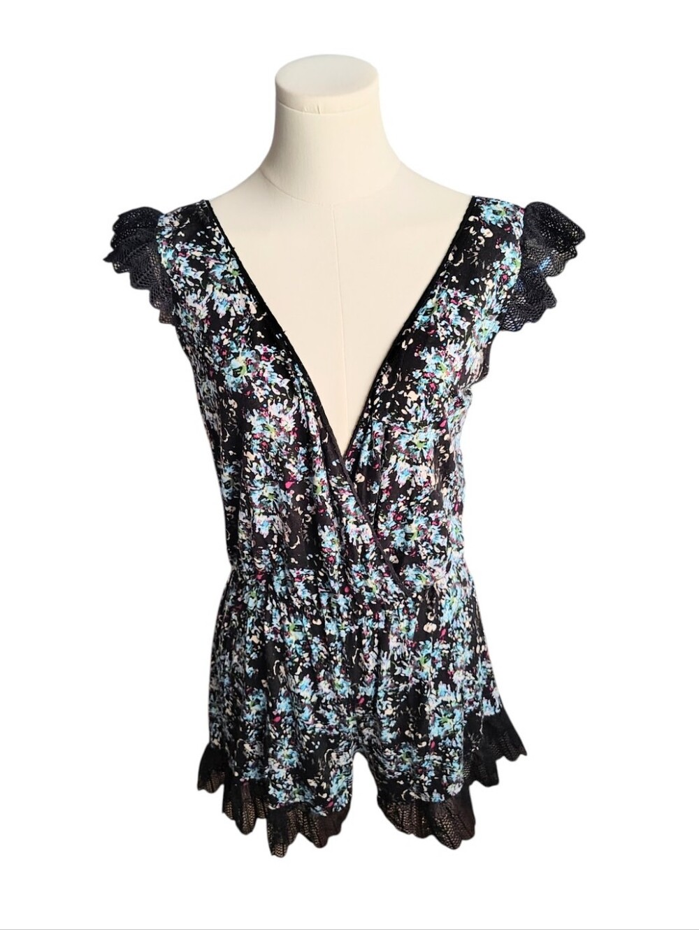 Venus Black Teal Multicolor Flower Lace Wrap Front Summer Shorts Romper Size XS